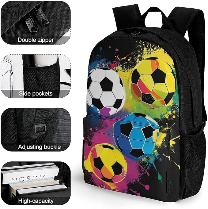 Supdreamc Men Women Polyester Colorful Paint Splash Ink Soccer Ball Football Black Daypack Big Capacity Shoulder Bag With Smooth Zippers for Hiking Work Walking Cycling
