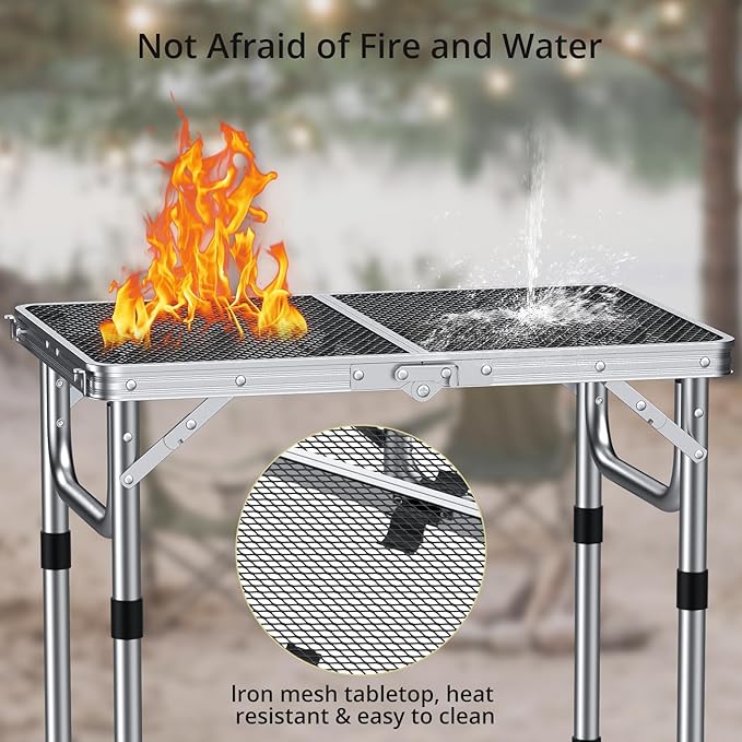 2ft Folding Grill Table, Adjustable Height Max 27.5" Aluminum Camping Table, Heat-Resistant Tabletop, Lightweight, Portable Handle for Travel Cooking BBQ Picnic, 22.8" x 16", Silver