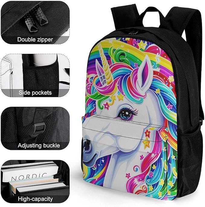 Rucksack Polyester Anti-Theft Multipurpose Colorful Rainbow Unicorn Bookbag Big Capacity Travel and Sport Backpack Rucksack With Side Pockets
