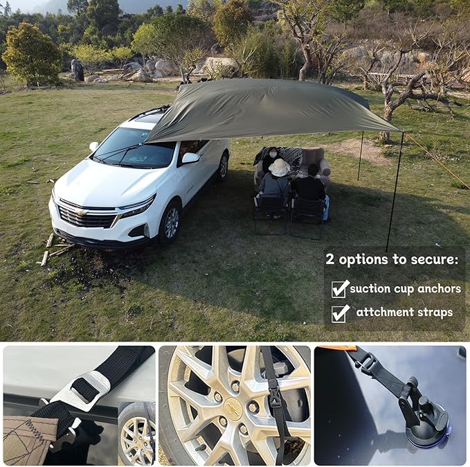 Car Awning Camping SUV Sun Shelter Waterproof Universal Tent Canopy Anti-UV for Van Campervan Caravan Truck Vehicle (Olive Green, 118"X118")