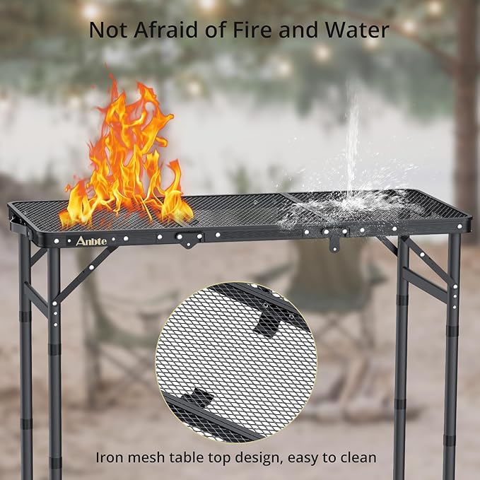 Folding Grill Table, Aluminum Camping Table Adjustable Height Max 27.5" Picnic Table Outdoor Table, Lightweight, Portable Handle for Travel Cooking BBQ Picnic, 35" x 16", Black