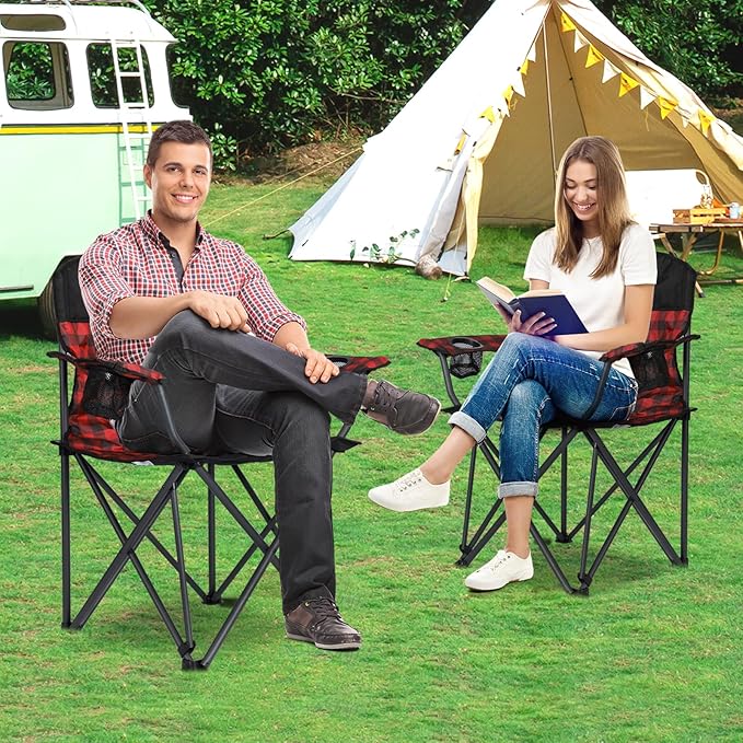 SUNNYFEEL Oversized Folding Camping Chair 2 Pack 800 LBS Heavy Duty for Big Tall People Red Padded Portable Collapsible Chairs with Armrest Cup Holder & Pocket for Outdoor Travel Picnic Camp Sports