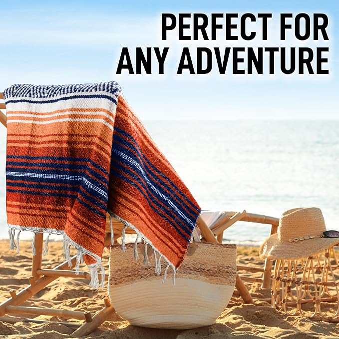 Hydration Nation Authentic Large Handwoven Mexican Blanket - Soft Yoga- Durable Serape- Lightweight Falsa, Beach, Camping, Picnic, Outdoor Blanket 70"x50" - Orange Gold