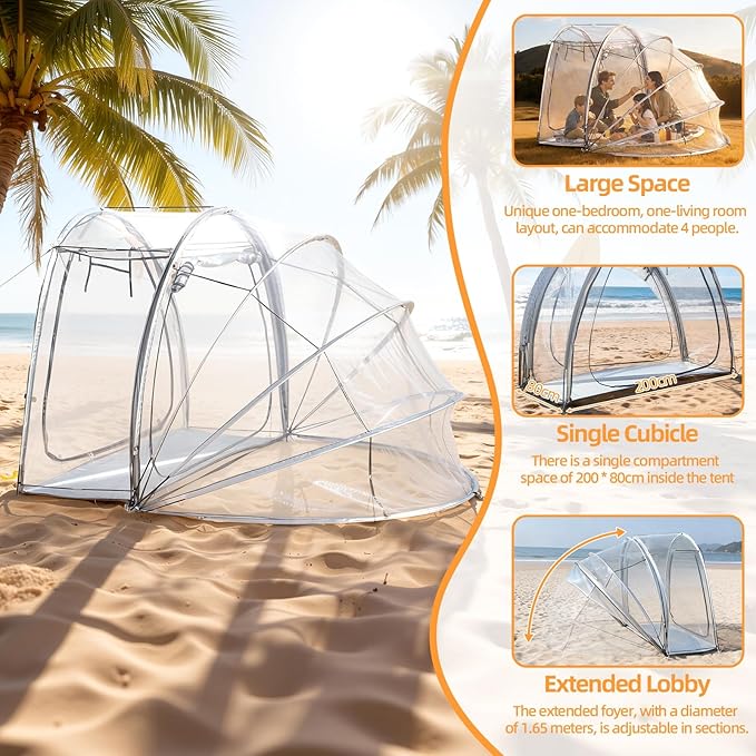 4-Person Clear Tent Pop Up Bubble Tent - All Weather Sports Tents - Instant Outdoor Bubble Tents - Rainproof Camping Sun Shelter, Portable Clear Screen House, 235x200x150cm