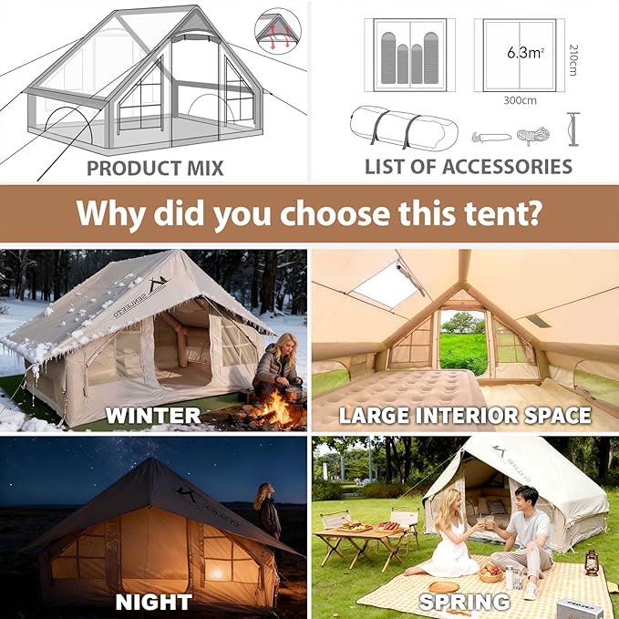 Inflatable Tents for Camping, Large Inflatable Camping Tent with Hand Pump, Easy Setup Tents for 4-6 People, Portable Glamping Tent