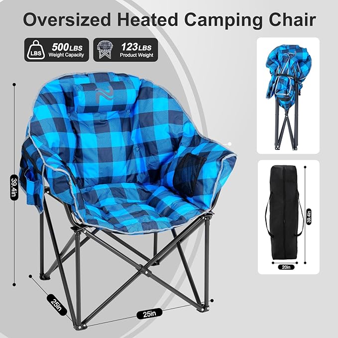 ABORON Oversized Heated Camping Chair, Portable Folding Recliner with 3 Heat Settings, Heavy-Duty Fully Padded Chair Supports Up to 500 lbs, Ideal for Outdoor Adventures