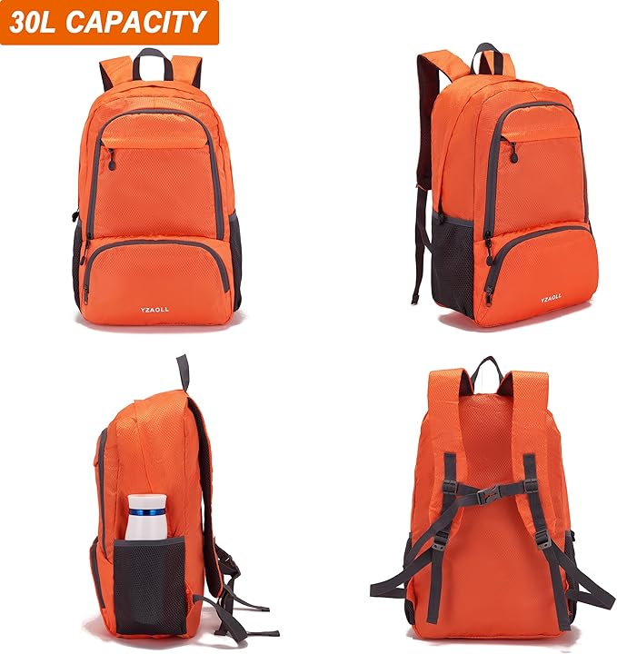 YZAOLL 30L Hiking Backpack Lightweight Day Packs, Packable Backpack for Women Men Travel Camping Vacation,Orange