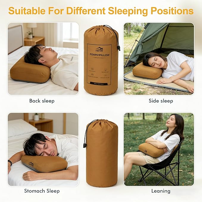 Thick Camping Memory Foam Pillow, Compressible & Ultralight Travel Pillow for Backpacking - Ergonomic Neck & Lumbar Support for Side Sleepers, Compact for Hiking, Car, Airplane
