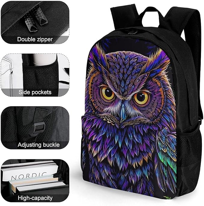 Supdreamc Daypack Bookbag Anti-Theft Multipurpose Large Capacity Bookbag, Purple Owl Travel Hiking Camping Rucksack With Adjustable Shoulder Straps