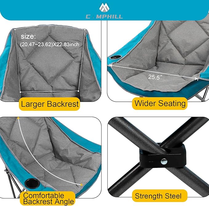 CAMPHILL Folding Camping Chair,Oversized Portable Camping Chair with Cup Holder and Phone Holder,Heavy Duty Padded Lawn Chair for Camping,Tailgates,Beach,and Sports,Lake Blue