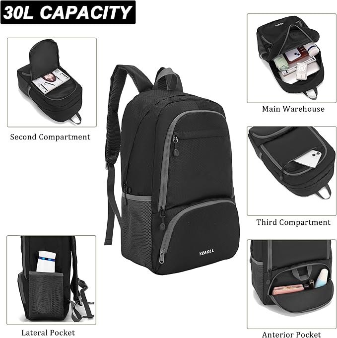 YZAOLL 30L Hiking Backpack Lightweight Day Packs, Packable Backpack for Women Men Travel Camping Vacation,Black