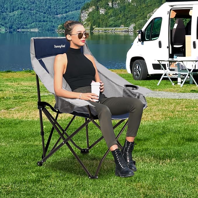 SUNNYFEEL Lightweight Oversized Camping Chairs for Adults Portable Folding Chair with Side Pockets & Cup Holde for Beach,Fishing,Trip,Picnic,Lawn,Concert Outdoor, Carry Bag Included