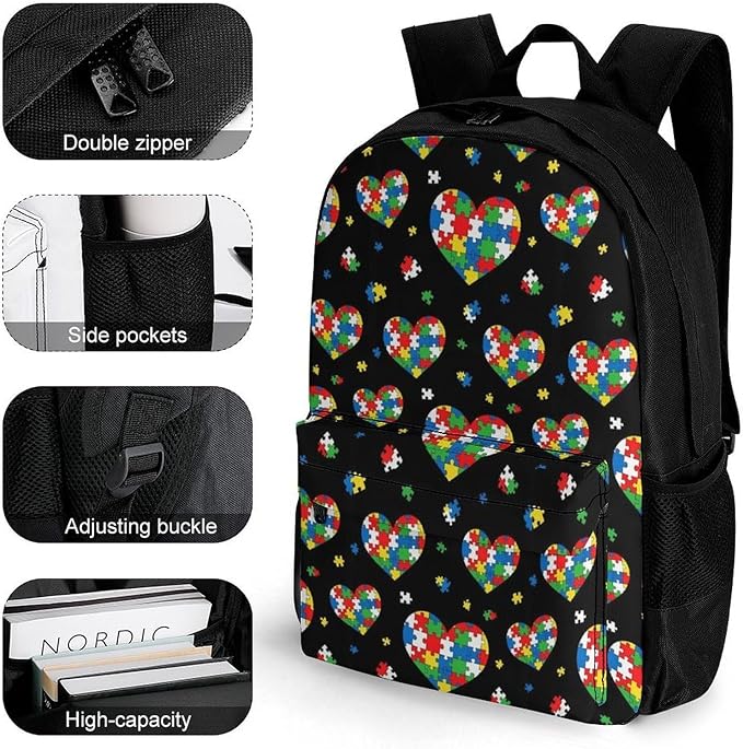 Supdreamc Polyester Daypack Backpack for Sports Travel Running, Big Capacity Anti-Theft Multipurpose Carry On Bag, Puzzle Pieces Heart Colorful Autism Awareness Laptop Book Bag Rucksack