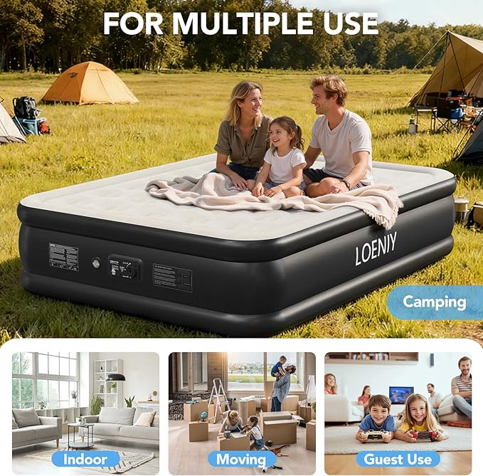 Queen Air Mattress with Built in Pump, 18” High Inflatable Mattress with Storage Bag, 3 Mins Easy Inflation/Deflation, 800lbs Heavy Duty Blow up Mattress, Flocked Top Air Bed for Home & Guests