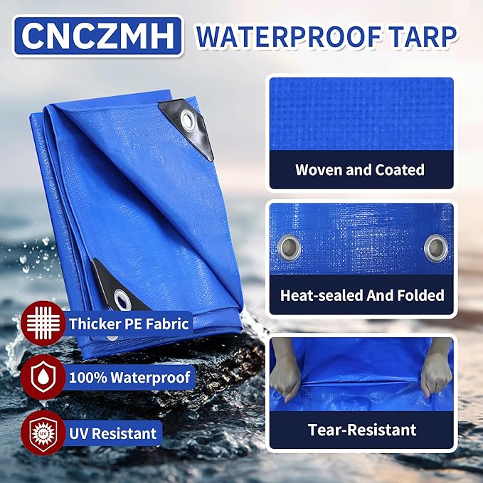 Heavy Duty Tarp Waterproof, 16 Mil Thick Finished Size Tarps Outdoor, Multipurpose Tarpaulin Cover, Small Tarp for Emergency Rain Shelter Camping (Blue, 5x7ft)