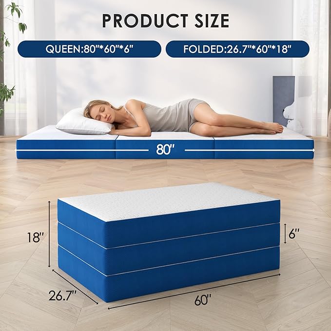 6 Inch Tri-Fold Mattress Queen Size, Portable Memory Foam Guest Bed with CertiPUR-US Certified Cooling Gel & Washable Cover, Folding Mattress for Camping, Dorm, RV & Living Room
