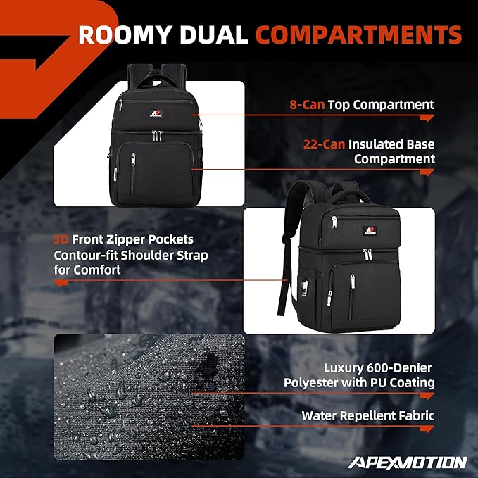 COOLJOB Insulated Cooler Backpack for Men Women, Leakproof Lunch Bag with Waterproof Liner, Double Roomy Deck, RFID, Black