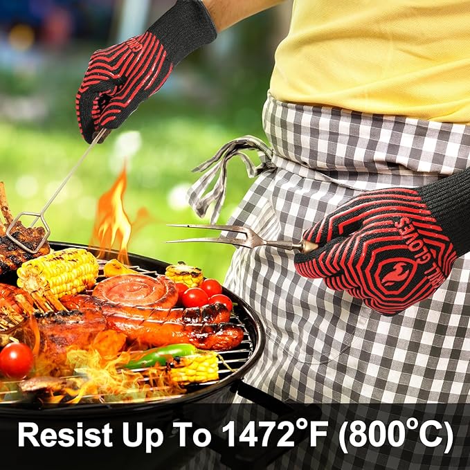 QUWIN BBQ Gloves, BBQ Accessories 1472℉ Extreme Heat Resistant, Grilling Gloves Silicone Non-Slip Oven Mitts, Kitchen Gloves for BBQ, Grilling, Cooking, Baking-1 Pair 11inch, Red