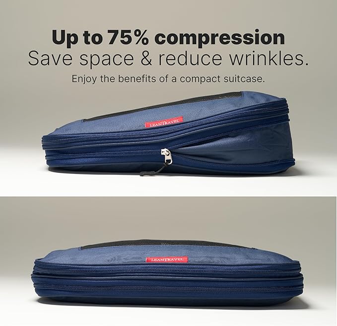 LeanTravel Premium Compression Packing Cubes for Travel - Luggage Organizers with Double Zipper - Sturdy Bags for Suitcase (6-Pack, Navy Blue)
