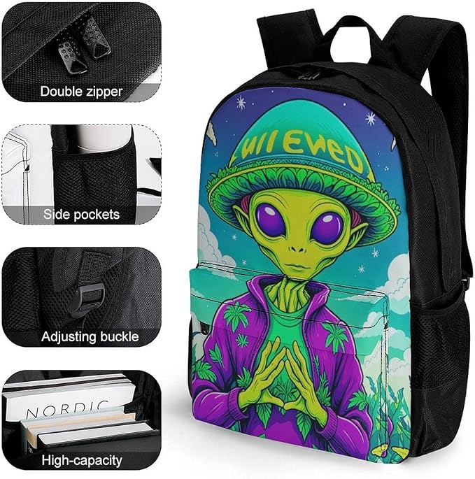 Adults Lightweight Alien Smoking Marijuanaweed Art Rucksacks Large Capacity Bookbag With Adjustable Shoulder Straps for Trekking Outdoors Bicycle