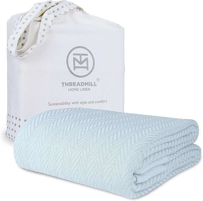 Threadmill Luxury Cotton Blankets for Twin Size Bed | All-Season 100% Cotton Twin Blanket for Bed | Herringbone, Soft & Cozy Fall Thermal Blanket, 350GSM, 68x92 inches | Light Blue
