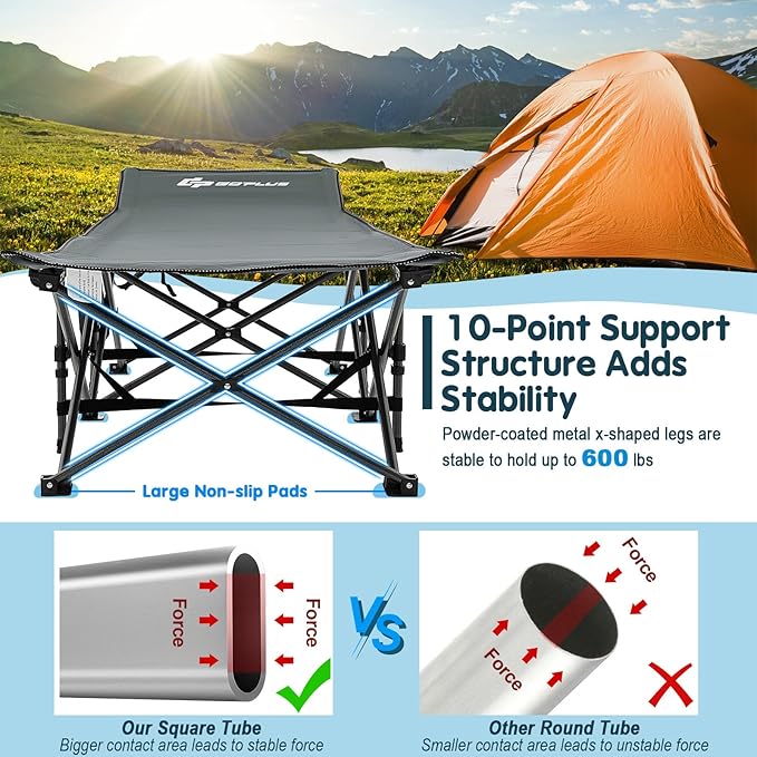 Goplus Folding Camping Cot, 27.5" Sleeping Cot for Adults with Carry Bag, 600LBS Weight Capacity, Slanted Head, Side Pocket, Heavy Duty Portable Camping Bed for Kids, Beach, Office Snap (Gray)
