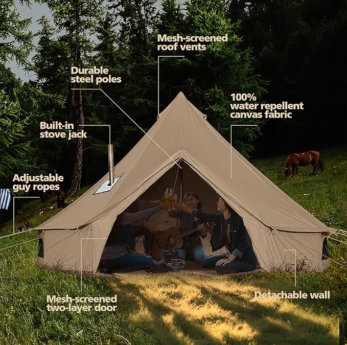 Cotton Canvas Bell Tent, Waterproof Large Tents with Sturdy Center & Door Pole and Space for 4/6/8 Person All 4 Season Camping Yurt Tent