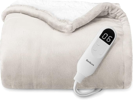 Bedsure Heated Blanket Throw Blanket - Fast Heating Electric Blanket, Soft Flannel Heated Throw with 4 Time Settings, 6 Heating Settings, Warm Gifts for Grandma (50x60 inches, Cream)