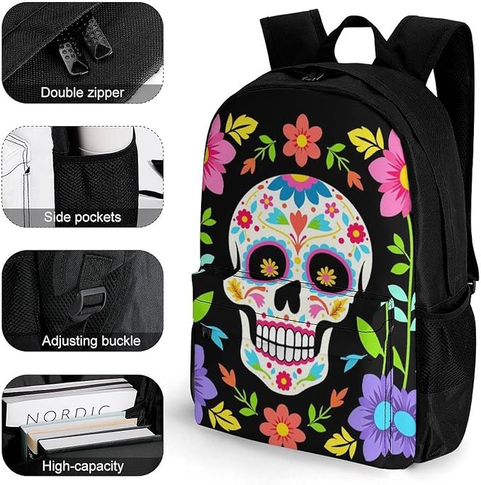 Men Women Lightweight Mexican Day Of Dead Flower Traditional Sugar Skull Casual Daypack Large Capacity Bookbag With Adjustable Shoulder Straps for Gym Business Bicycle