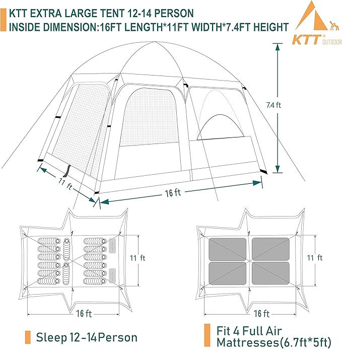 KTT Extra Large Tent 6-10-12-14 Person(Style-B),Family Cabin Tents,2 Rooms,3 Doors and 3 Windows with Mesh,Straight Wall,Waterproof,Double Layer,Big Tent for Outdoor,Picnic,Camping,Family Gathering