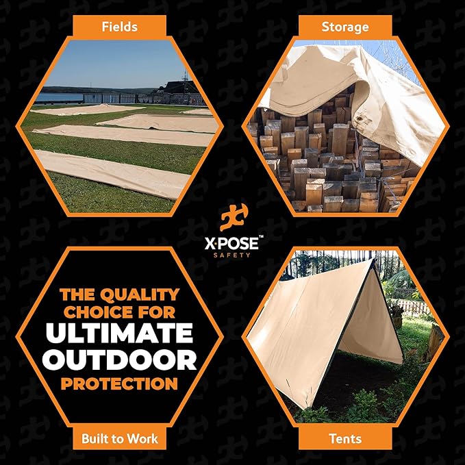 Heavy Duty Tan Poly Tarp 8' X 10' - Multipurpose Protective Cover - Durable, Waterproof, Weather Proof, Rip and Tear Resistant - Extra Thick 12 Mil Polyethylene - by Xpose Safety