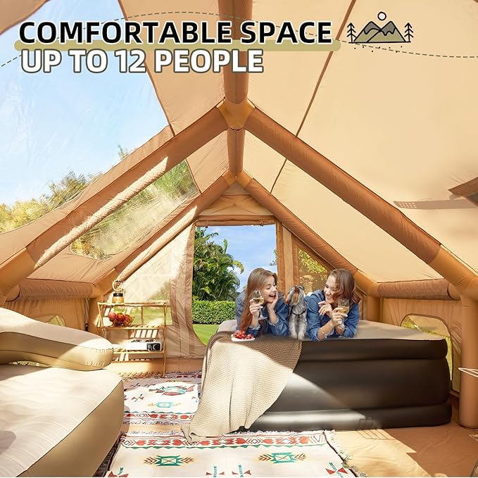 YOLENY Inflatable Tents for Camping, 6-12 Person Blow Up Tent with TPU Skylight, Canopy, Mesh Windows, Stove Jack & Pump, 4 Season Large Inflatable Tent, Waterproof & Windproof