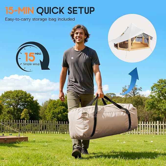 SPECRAFT Canvas Bell Yurt Tents & Inflatable Tent for Camping, Waterproof Glamping Tent with Stove Jack, Breathable Mesh, Snowproofing Spacious 4-Season Family Shelter for Outdoor, Camping, Parties
