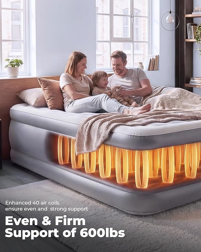 Air Mattress Full with Built in Pump,18'' Raised Inflatable Blow Up Air Bed, 3 Mins Quick Self-Inflation/Deflation Inflatable Bed for Guests & Home, Outdoor Camping and Travel (Gray)