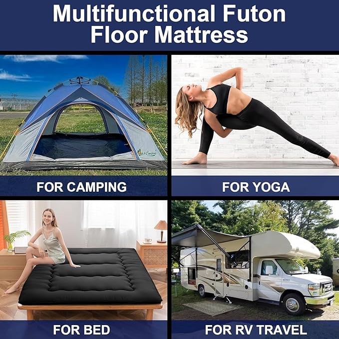 Floor Mattress Japanese Futon Foldable Sleeping Pad, Portable Roll Up Tatami Mat for Camping Guest Room, Black, Full (80" X 47")