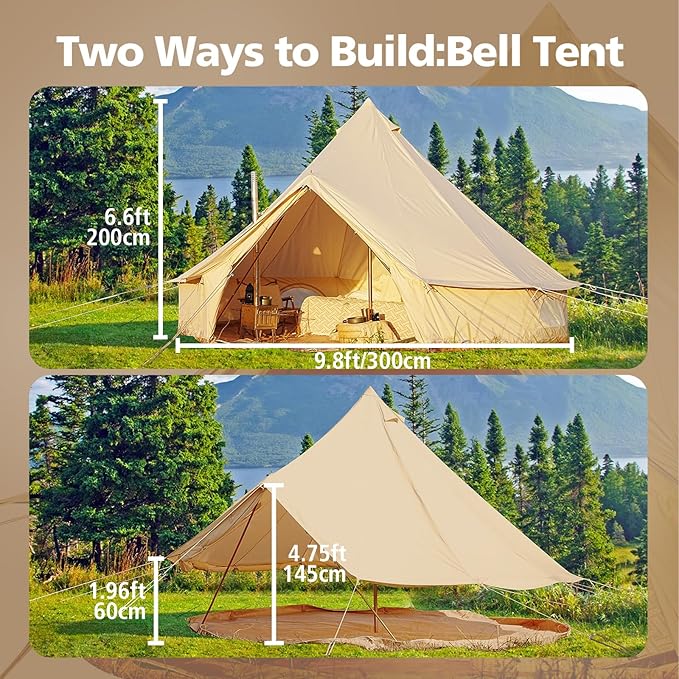 Cotton Canvas Bell Tent, Waterproof Large Tents with Sturdy Center & Door Pole and Space for 4/6/8 Person All 4 Season Camping Yurt Tent