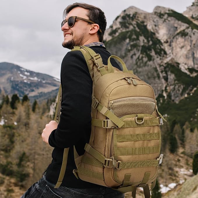 25L Small Tactical Backpack For Men, Military Waterproof Backpack With Multiple Pockets, 3-Day Bug Out Bag Molle Military Backpacks For Camping, Hiking, Traveling (Khaki)