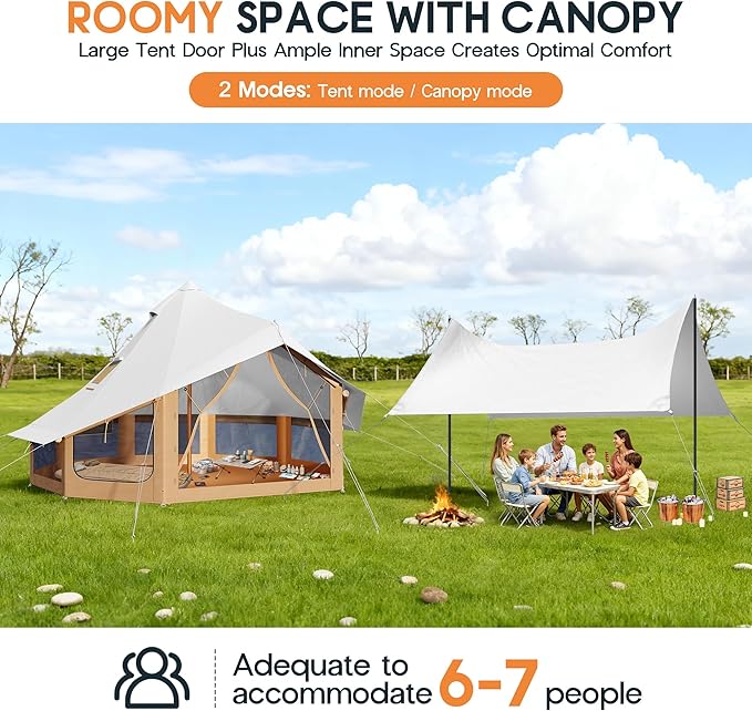 SPECRAFT Canvas Bell Yurt Tents & Inflatable Tent for Camping, Waterproof Glamping Tent with Stove Jack, Breathable Mesh, Snowproofing Spacious 4-Season Family Shelter for Outdoor, Camping, Parties
