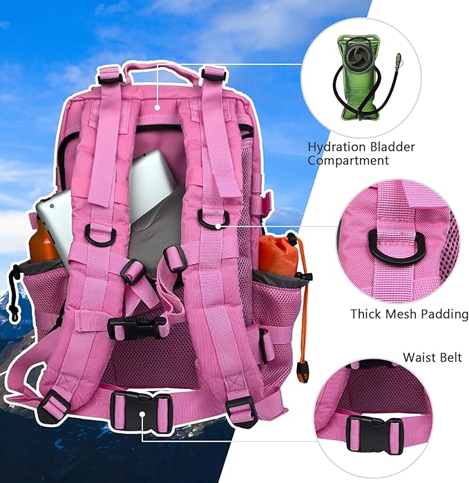 30L MOLLE Assault Pack, Tactical Backpack Military Army Camping Rucksack with Bottle Holder, 3-Day Pack, Pink