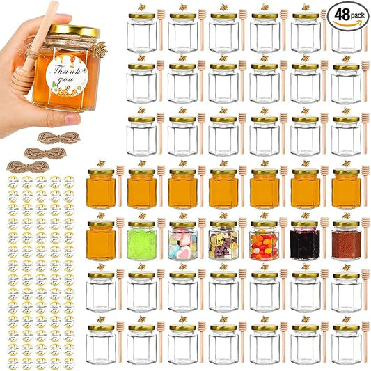 AuroTrends 3oz Honey Jars with Dipper 48Pack, Mini Honey Jars for Baby Shower Favors/Wedding Favors for Guests Bulk-Mini Glass Jars with Lids/Wooden Dippers (3 fl.oz-48Pack)
