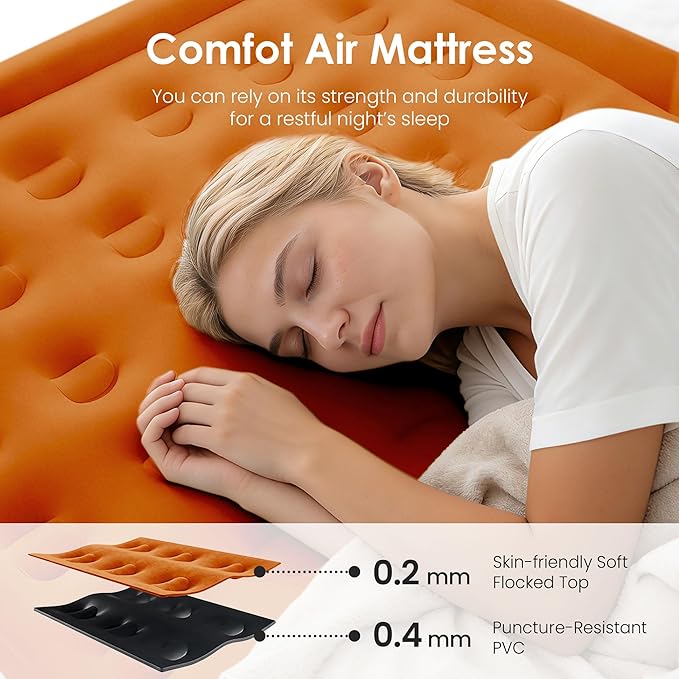 Camping Air Mattress Queen with Built in Pump 18" Thickness 660lbs Heavy Duty Comfortable Blow up Air Mattress with Carry Bag Inflatable Foldable Flocked Top Air Bed for Travel, Home (Black & Orange)
