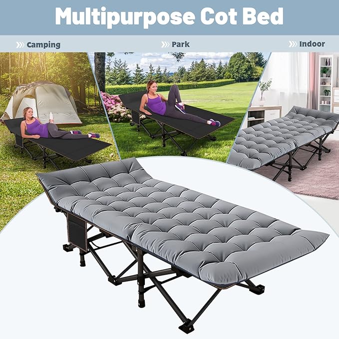 Slsy Folding Camping Cot for Adults with Pad, Padded Portable Sleeping Cots, Camp Bed with Carry Bag for Outdoor Travel, Beach, Hiking