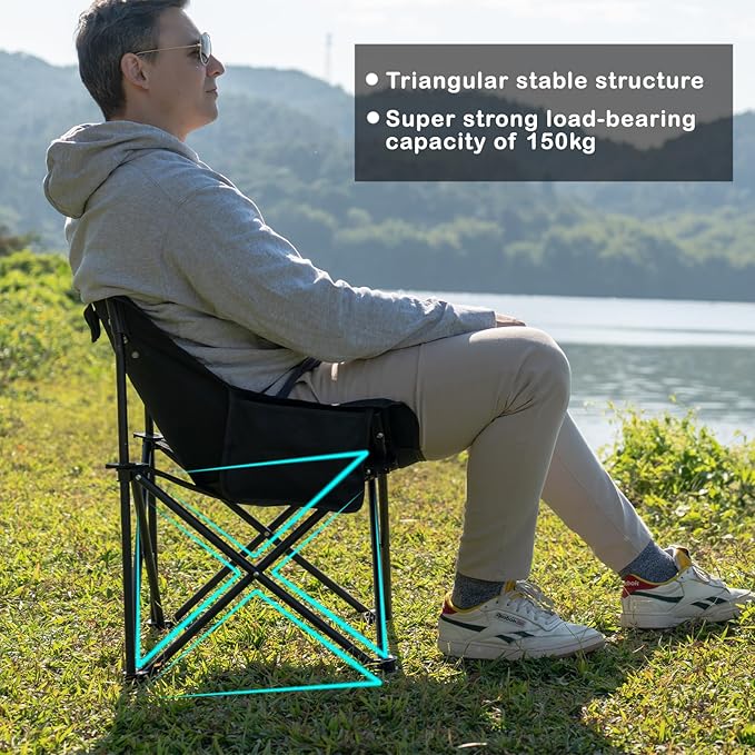 Folding Camping Chairs, Portable Moon Chair Support Up to 330Lbs with Carry Bag, Lightweight Foldable Outdoor Chair with Cup Holder, Black