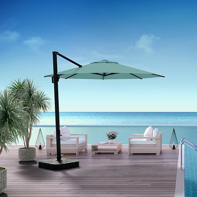 Midtown Umbrellas 10 Ft Outdoor Cantilever Patio Umbrella w/Terylast Seawater Aqua Fabric - Tilt 360° Offset Patio Umbrella, Deck Patio Umbrella, Backyard Umbrella & Garden Umbrella - Black Frame