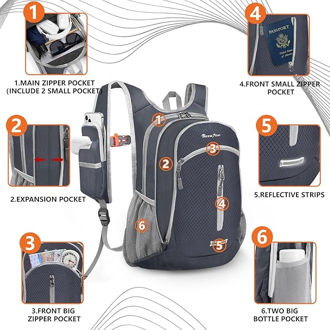 Seektop Expandable Small Hiking Backpack 12L-15L Lightweight Packable Waterproof Daypack with Phone Pocket for Women Men