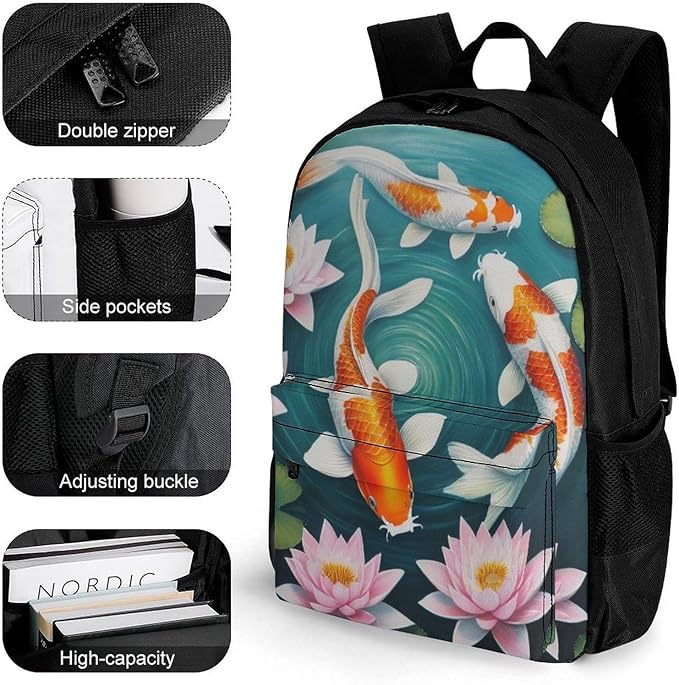 Men Women Lightweight Awesome Japanese Koifish Fish Art Casual Daypack Large Capacity Bookbag With Adjustable Shoulder Straps for Gym Business Bicycle