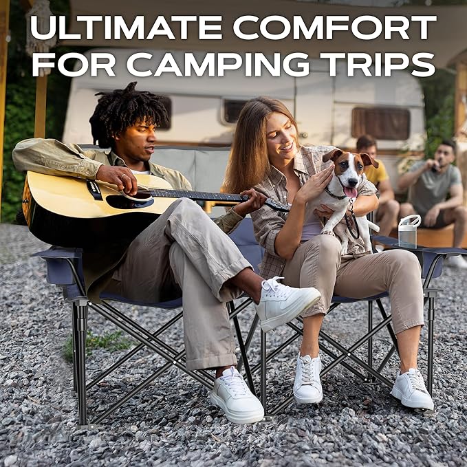 Oversized Fully Padded Double Camping Chair, Portable Folding Loveseat w/Side & Back Pockets, Adjustable Armrests, Double-Sized Cup Holders for Outdoor, Indoor, Supports 530LBS (Dark Navy)