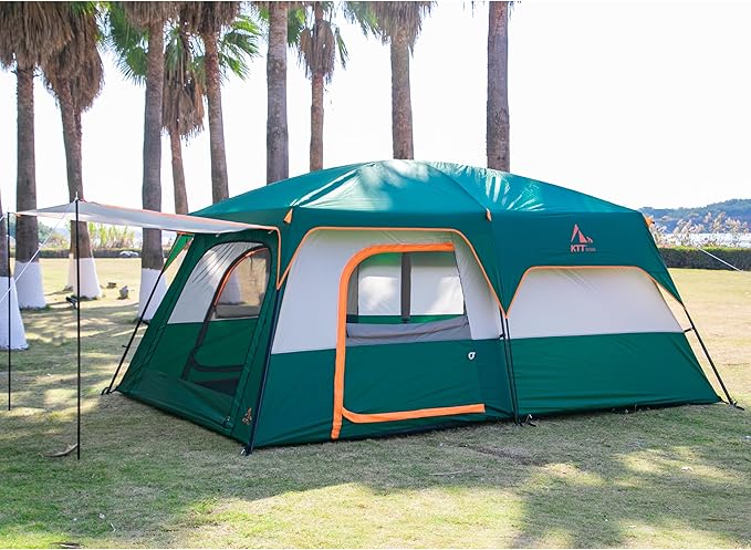 KTT Extra Large Tent 6-10-12-14 Person(B),Family Cabin Tents,2 Rooms,3 Doors and 3 Windows with Mesh,Straight Wall,Waterproof,Double Layer,Big Tent for Outdoor,Picnic,Camping,Family Gathering