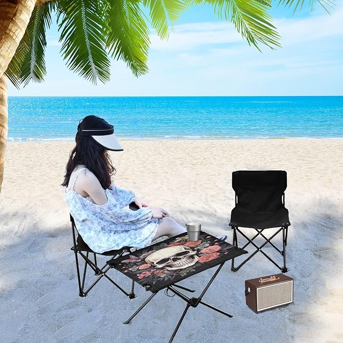 Skull Portable Folding Camping Table, Compact Lightweight Beach Table with Carrying Bag for Outdoor Picnics, BBQs, Camp