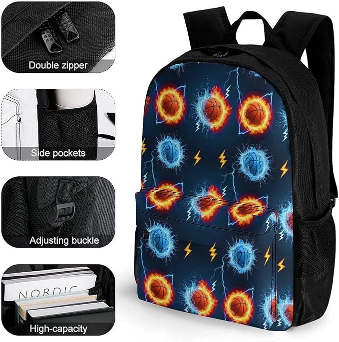 Casual Daypack Multipurpose Anti-Theft Large Capacity Carry On Bag, Water Fire Flame Basketball Casual Daypack Climbing Shoulder Bag With Padded Straps